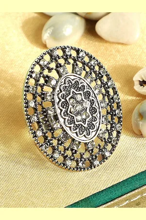 ANIKAS CREATION Silver-Plated Oxidised Stone-Studded Handcrafted Adjustable Finger Ring