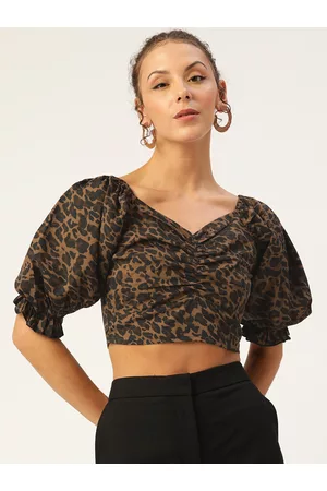 Antheaa Black & Olive Green Animal Print Crop Top