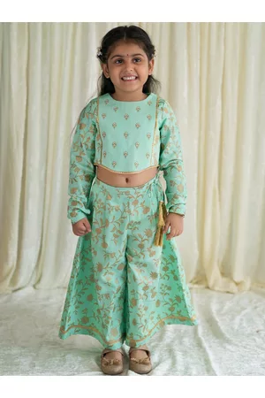 Tiber Taber Girls Green Embroidered Cotton Clothing Set