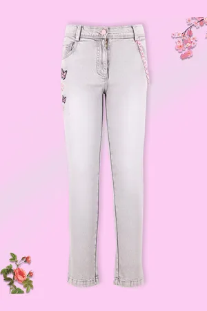 CUTECUMBER Girls Grey Heavy Fade Embroidered Stretchable Jeans