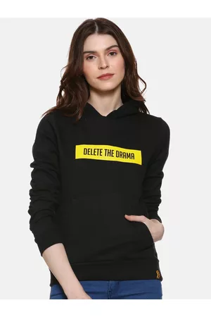 Campus Women Black Printed Hooded Sweatshirt