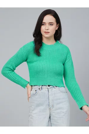 Cayman Women Green Ribbed Crop Acrylic Pullover Sweater