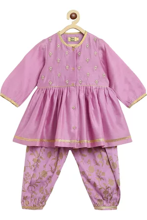 Tiber Taber Girls Floral Embroidered Angrakha Chanderi Silk Kurta with Salwar