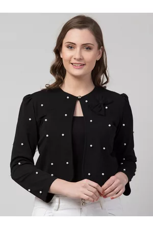 IUGA Women Black & White Embellished Crop Button Shrug