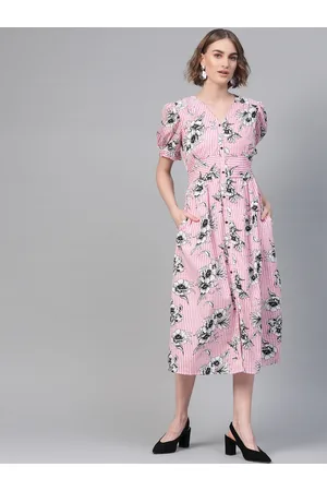 ATHENA Women Pink & White Striped Midi Fit & Flare Dress with Floral Print Detail