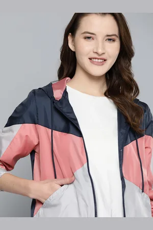 Mast & Harbour Women Pink & Navy Blue Colourblocked Hooded Lightweight Bomber Jacket