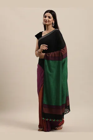 ArtEastri Colour blocked Pure Cotton Handloom Saree Without Blouse Piece