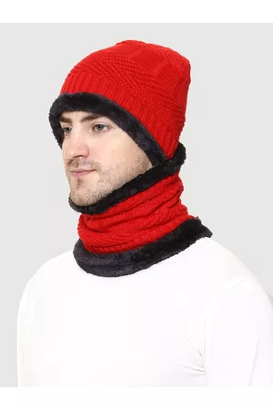 Weavers Villa Men Red & Black Acrylic Beanie with Muffler Set