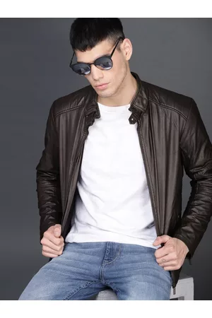 WROGN Men Brown Solid Biker Jacket