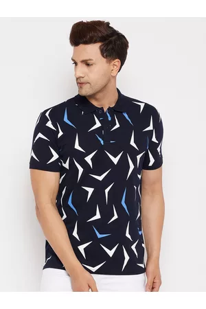 WILD WEST Men Navy Blue & White Printed Polo Collar T-shirt