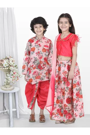 BownBee Boys Pink & Red Floral Printed Sherwani Set