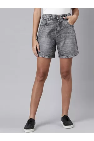 ZHEIA Women Grey Washed Loose Fit High-Rise Denim Short