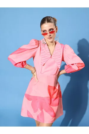 ATHENA Women Pretty Pink Floral Zoom Friendly Collar Dress