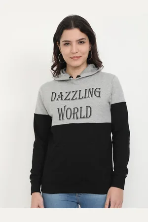Fleximaa Women Grey Melange & Navy Blue Colourblocked Hooded Sweatshirt