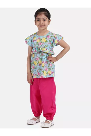 BownBee Girls Pink & Blue Solid Top With Harem Pant