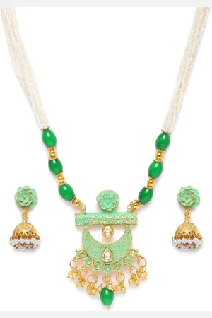 Kord Store Green Gold Plated Chand Shape Lariyat Haram Necklace & Jhumka Earrings Set