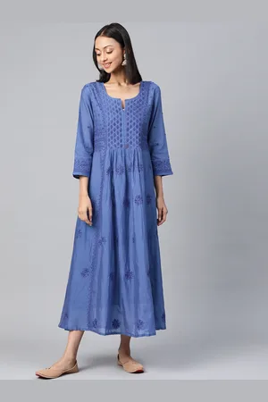akheri Women Blue Cotton Chikankari Embroidered Mukaish Work A-Line Kurta