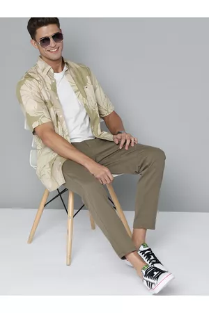 HERE&NOW Men Olive Green Solid Slim Fit Chinos Trousers