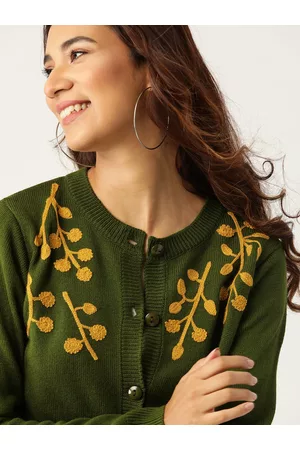 DressBerry Women Olive Green Embroidered Detail Cardigan