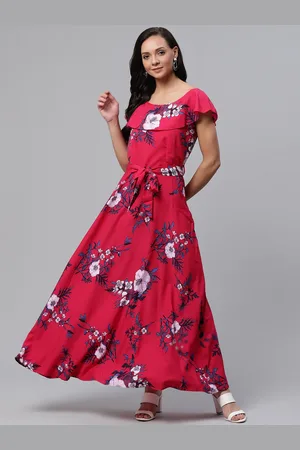 Deewa Women Fuchsia Pink & White Floral Print Maxi Dress