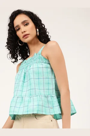 Elle Women Blue Checked Linen Top