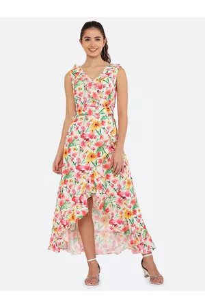 RAASSIO Off White & Pink Floral Crepe Maxi Dress