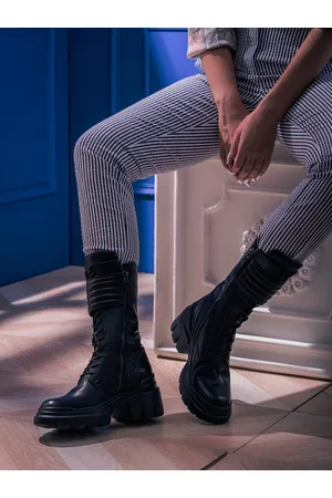 SAINT G. Black Leather Lace-Up Detail High-Top Regular Boots
