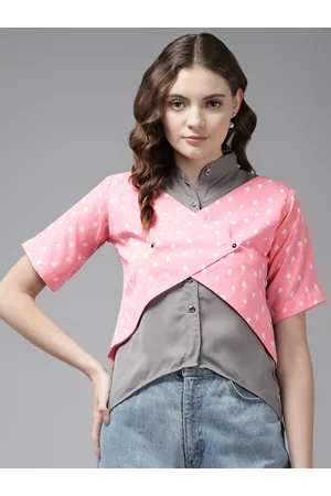 Aarika Pink & Grey Printed & Colourblocked Shirt Style Top