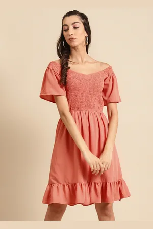 DODO & MOA Women Peach-Coloured Off-Shoulder Crepe Dress