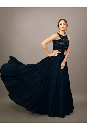 Inddus Women Stylish Navy Blue Embellished Top with Solid Skirt