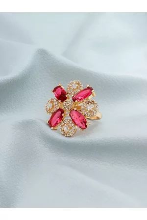 Aadita Rose Gold-Plated White & Pink Stone Studded & Beaded Finger Ring