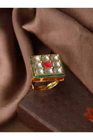 Priyaasi Gold-Plated Red & Green Kundan Studded Block Finger Ring