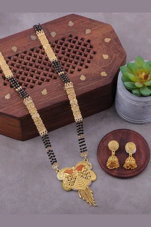 Brandsoon Gold-Plated & Black Beaded Mangalsutra With Earrings