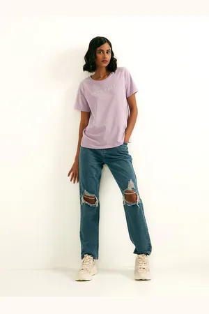 COVER STORY Women Lavender Typography Applique T-shirt