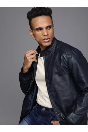 WROGN Men Navy Blue Solid Biker Jacket