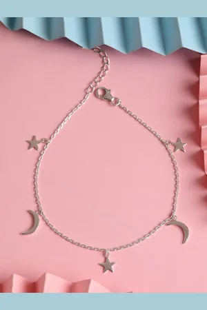 CLARA Women Silver-Toned Moon & Star Anklet