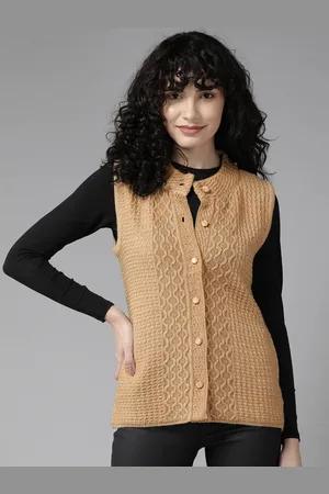 Cayman Women Band Collar Woolen Cable Knit Cardigan