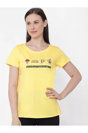 Soie Women Yellow & Black Printed Lounge T-Shirt