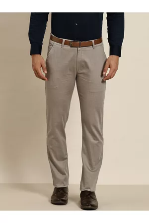 HANCOCK Men Taupe Checked Slim Fit Pure Cotton Formal Trousers