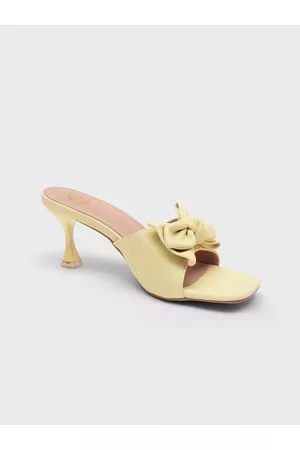 20Dresses Women Yellow Textured PU Party Stiletto Sandals with Bows