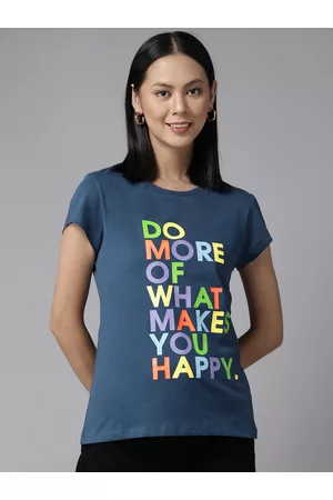 Cayman Women Navy Blue Typography Printed T-shirt