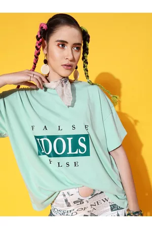 STREET 9 Women Sea Green Printed Cotton Drop-Shoulder Sleeves Bio Finish Oversized T-shirt