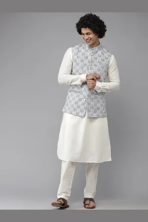 See Designs Men Turquoise Blue & White Woven Design Nehru Jackets