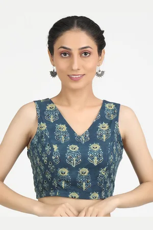 Llajja Women Turquoise Blue Ajrakh Block Printed Cotton Saree Blouse