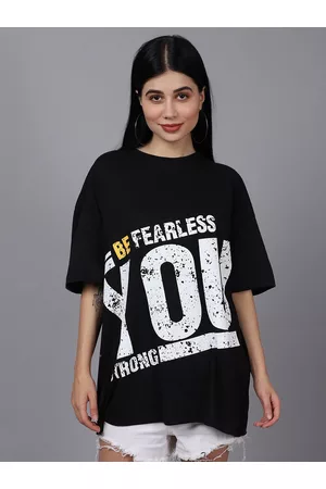 DOOR74 Women Black Typography Printed Loose T-shirt