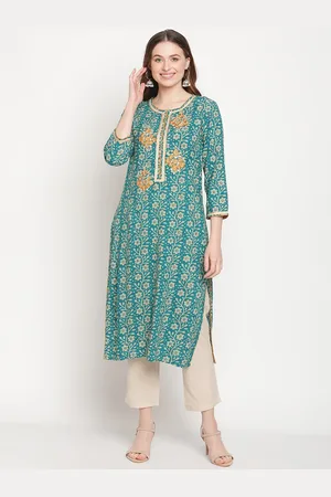 BE INDI Women Round Neck Floral Straight Side Slits Regular Kurta