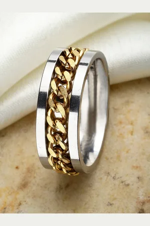karatcart Men Silver-Plated AD Gold-Toned Chain Studded Finger Ring
