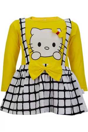 CATCUB Girls Yellow & Black Hello Kitty Printed Dress