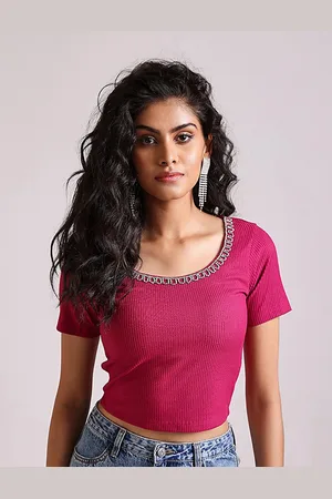 COVER STORY Women Fuchsia Ribbed T-shirt