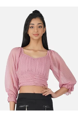 Antheaa Girls Pink Self-Design Chiffon Ruched Crop Top